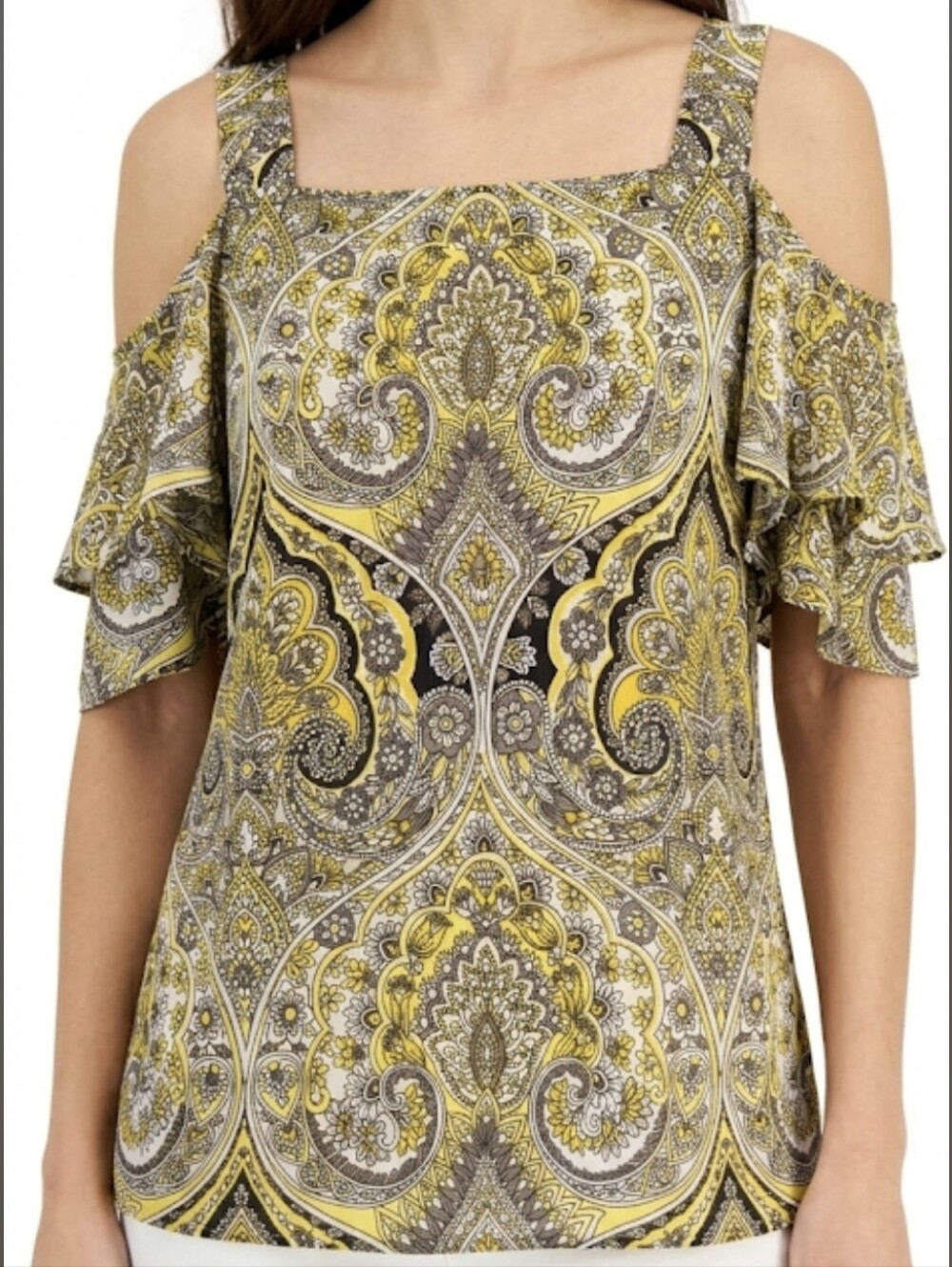 INC International Concepts Yellow Paisley Cold-Shoulder Blouse Size PL (SKU0068)